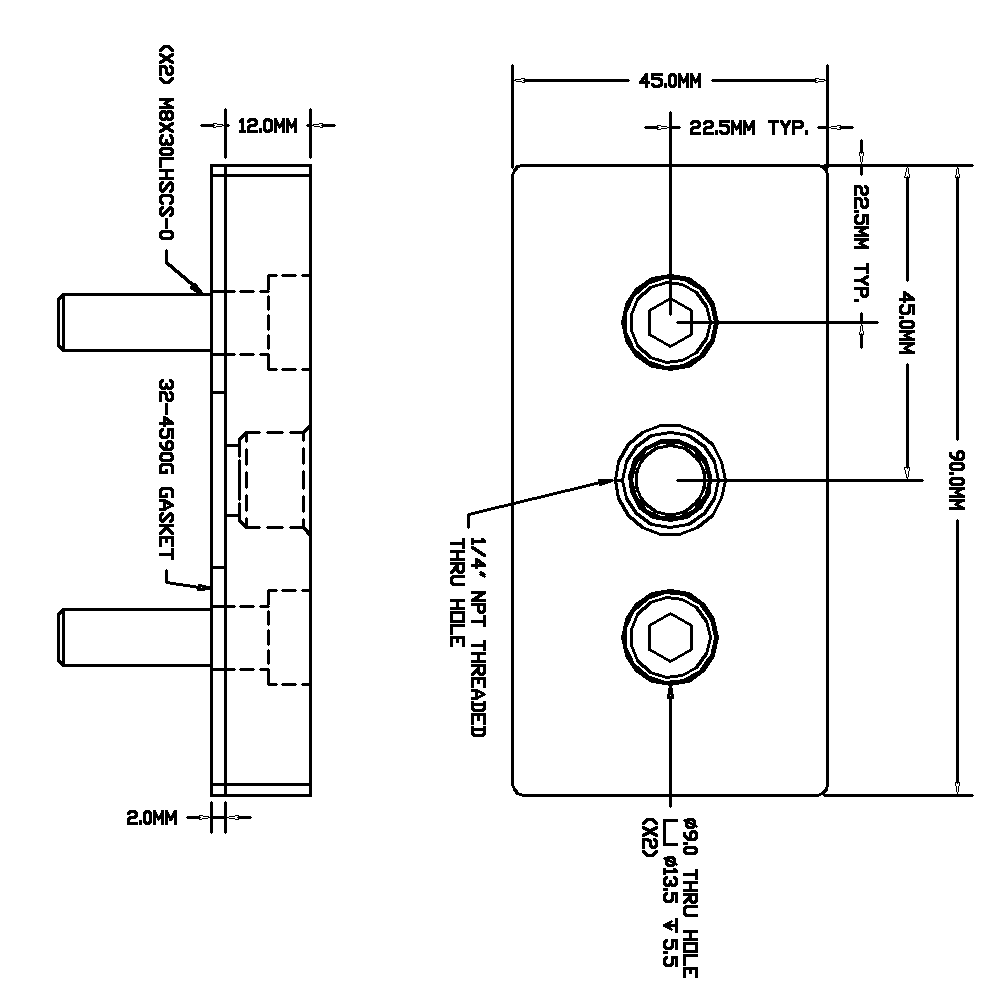 32-459014N-1 MODULAR SOLUTIONS PNEUMATIC PLATE 45MM X 90MM WITH GASKET 1/4 NPT THREADED CENTER THRU HOLE
